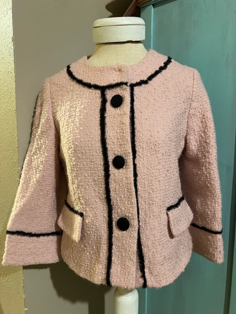Milly New York Wool Blend Pink Black Trim Cropped  Blazer Jacket Boxy Preppy 6